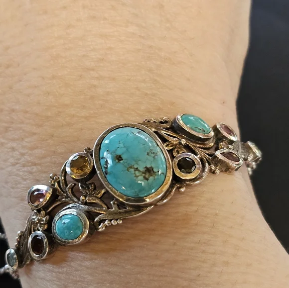 Genuine Bali Turquoise & Tourmaline Bracelet Platinum over 925 - Picture 4 of 6